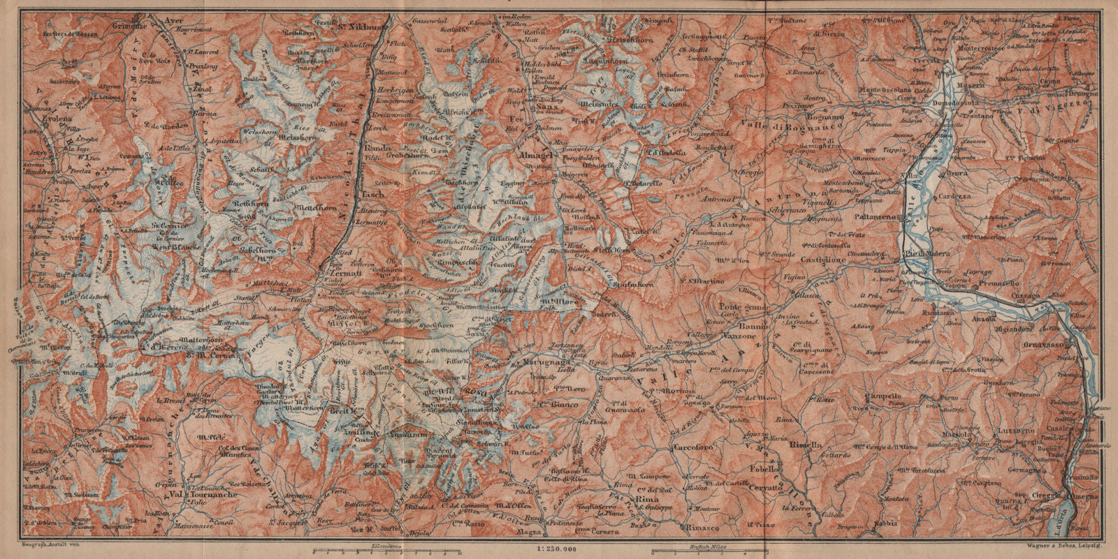 VALAIS/PENNINE ALPS.Zermatt Saas-Fee/Grund/Almagell Breuil Domodossala 1899 map